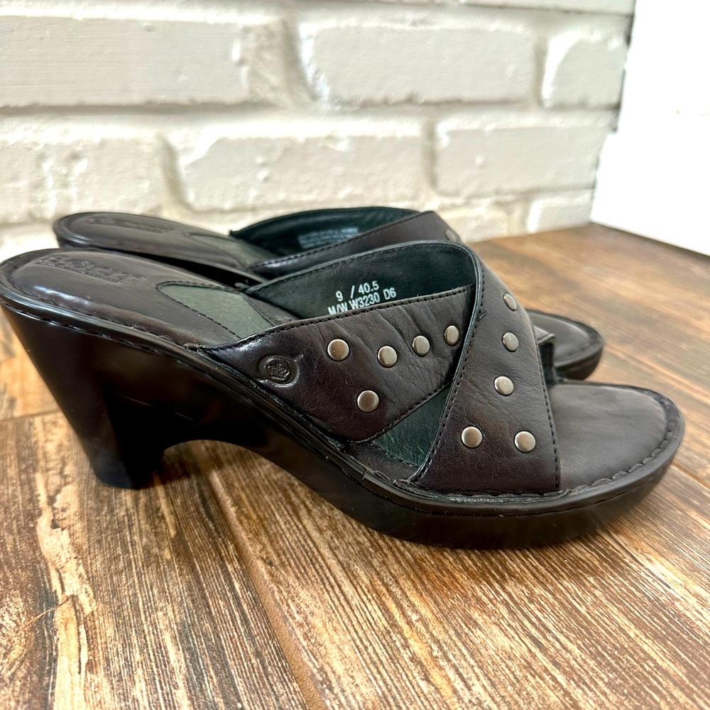 Clog sandal BORN black leather stud heels slides size 9